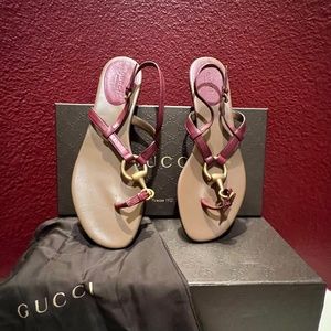 Gucci Burgundy Leather T-Strap Sandals with Gold Horsebit Accent